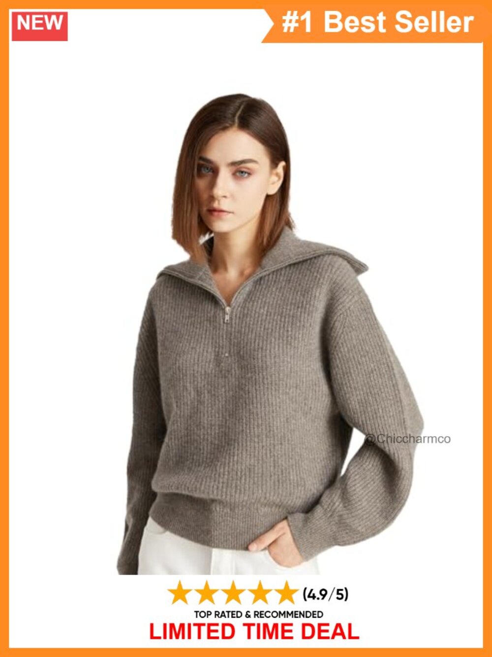 Cashmere Zip Pullover Sweater Lantern Sleeve V-Neck Oversized Warm